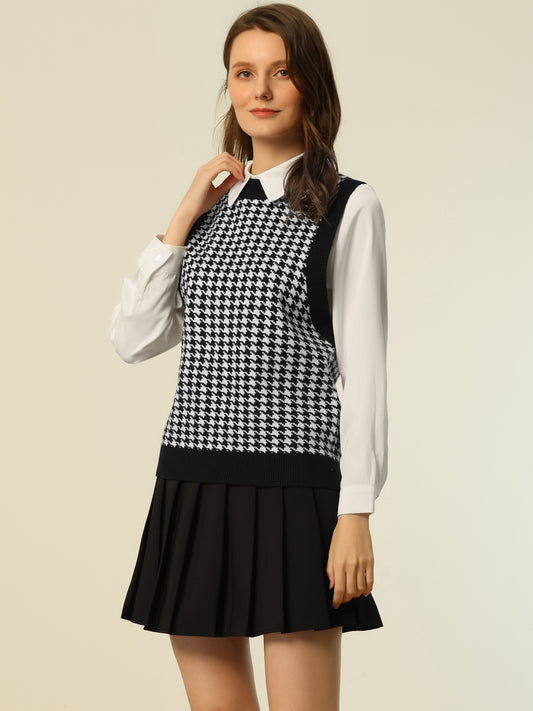 Women's Round Neck Vest Sleeveless Houndstooth Plaid Knitted Sweater