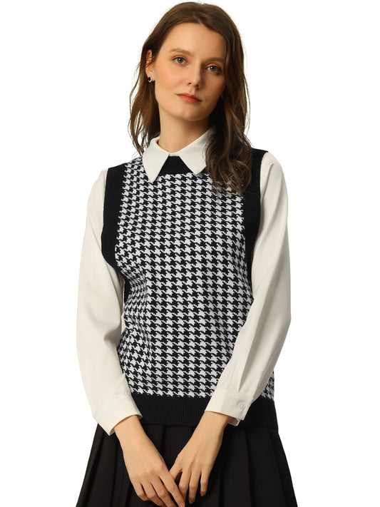 Women's Round Neck Vest Sleeveless Houndstooth Plaid Knitted Sweater