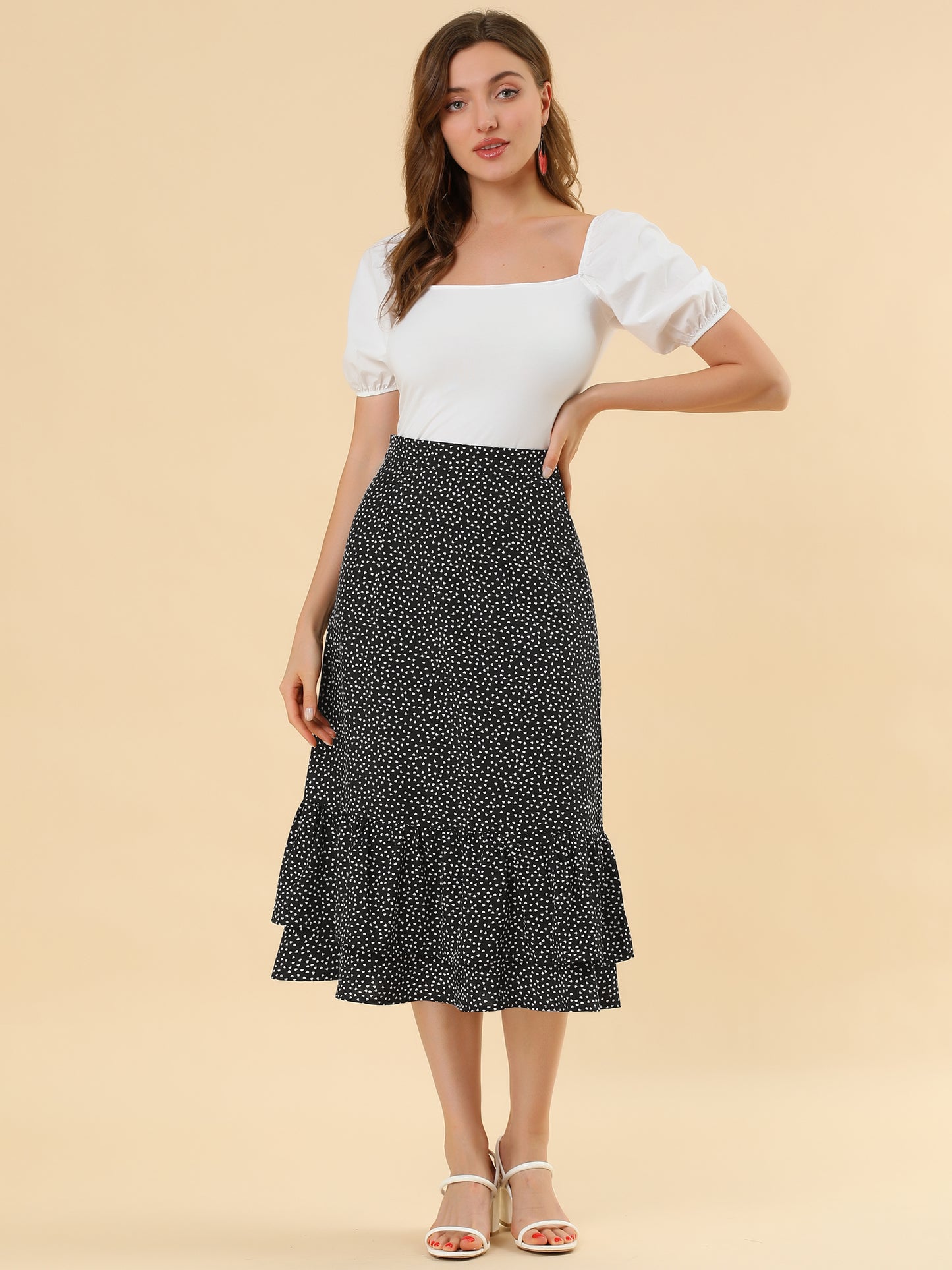 Women's Printed Skirt Summer Chiffon Ruffle Tiered Flowy Midi Skirt