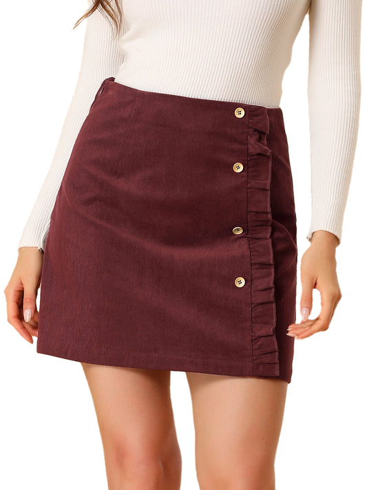 Women's Corduroy Button Decor Ruffled Trim High Waist Short Skirt (Available in Plus Size)