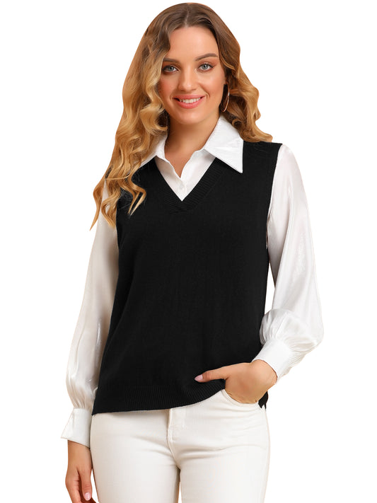 Women's V Neck Sweater Vest Knit Pullover Sleeveless Sweater Top