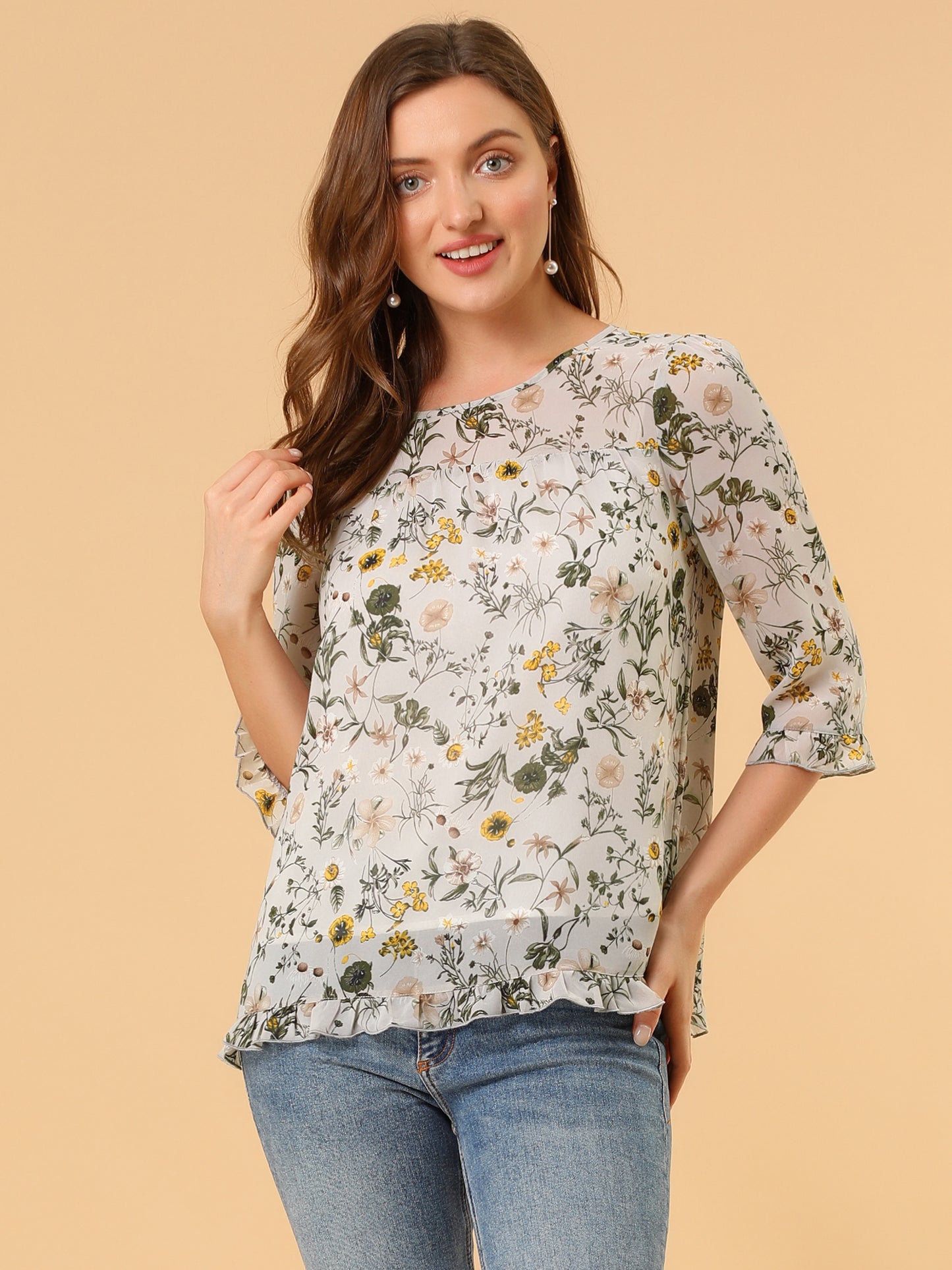 Women's Casual Ruffle 3/4 Sleeve Floral Print Chiffon Blouse