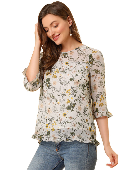 Women's Casual Ruffle 3/4 Sleeve Floral Print Chiffon Blouse
