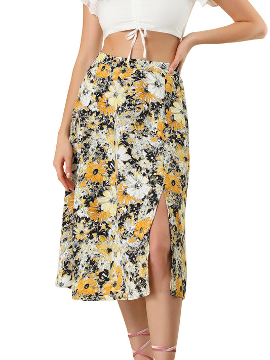 Women's Boho Floral High Waist Split A Line Midi Skirt