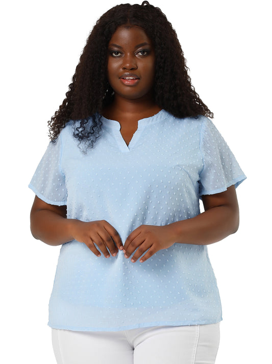 Women Plus Size Summer Top Swiss Dots Notched Neck Short Sleeve Blouse