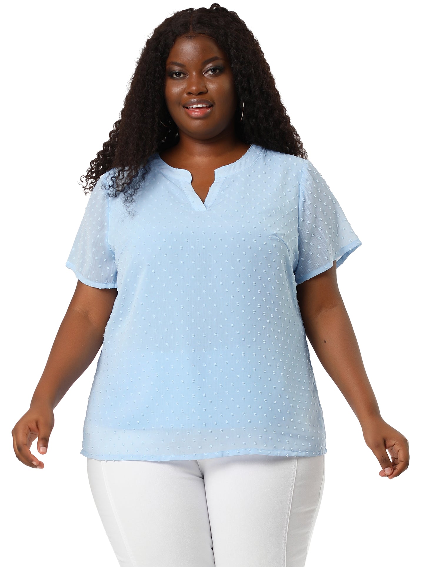 Women Plus Size Summer Top Swiss Dots Notched Neck Short Sleeve Blouse