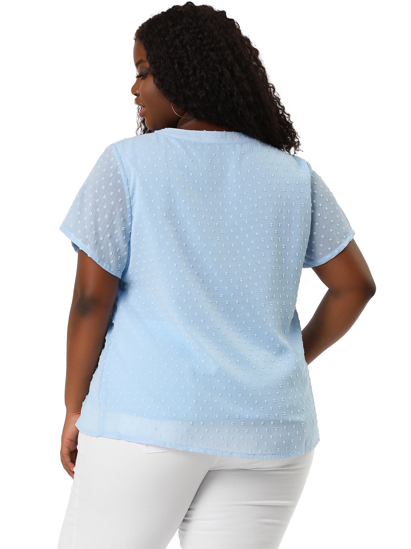 Women Plus Size Summer Top Swiss Dots Notched Neck Short Sleeve Blouse