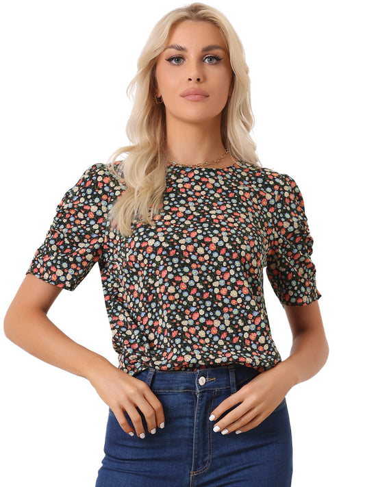 Women's Floral Crew Neck Summer Shirred Short Sleeve Blouse