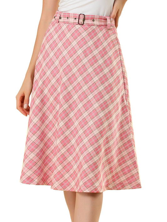 Falda midi vintage de corte A con cintura alta y cinturón para mujer con cuadros escoceses