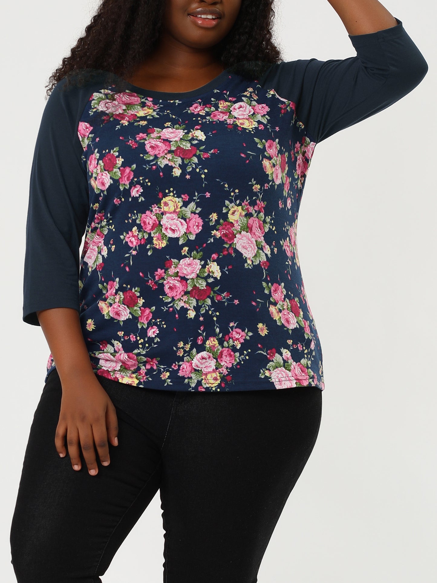 Women's Plus Size Raglan Crewneck 3/4 Sleeve Tunic Tee Shirt Floral Print T-Shirt Casual Top
