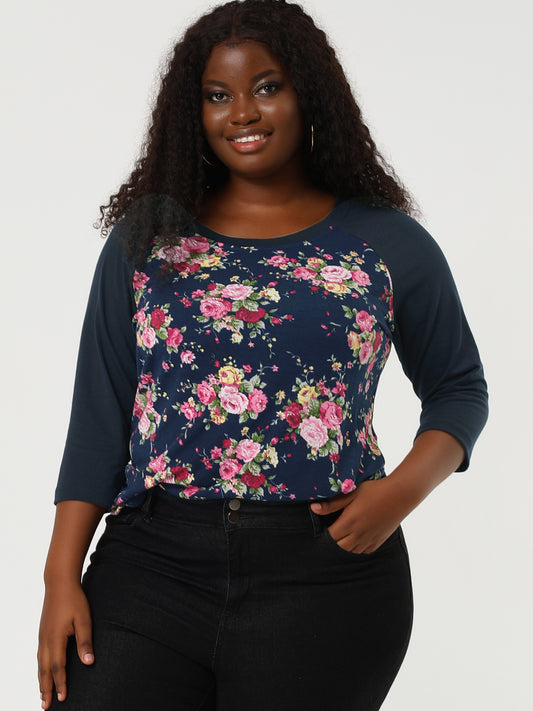 Women's Plus Size Raglan Crewneck 3/4 Sleeve Tunic Tee Shirt Floral Print T-Shirt Casual Top