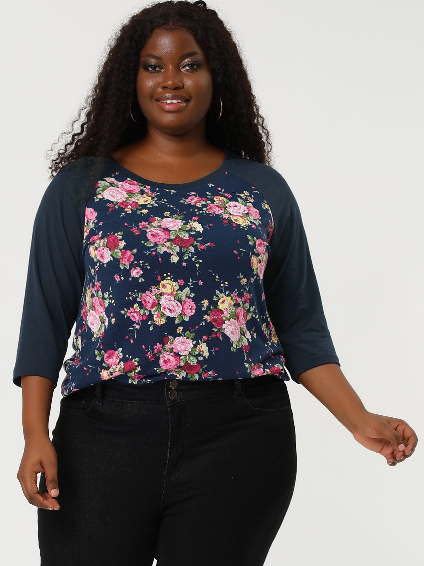 Women's Plus Size Raglan Crewneck 3/4 Sleeve Tunic Tee Shirt Floral Print T-Shirt Casual Top