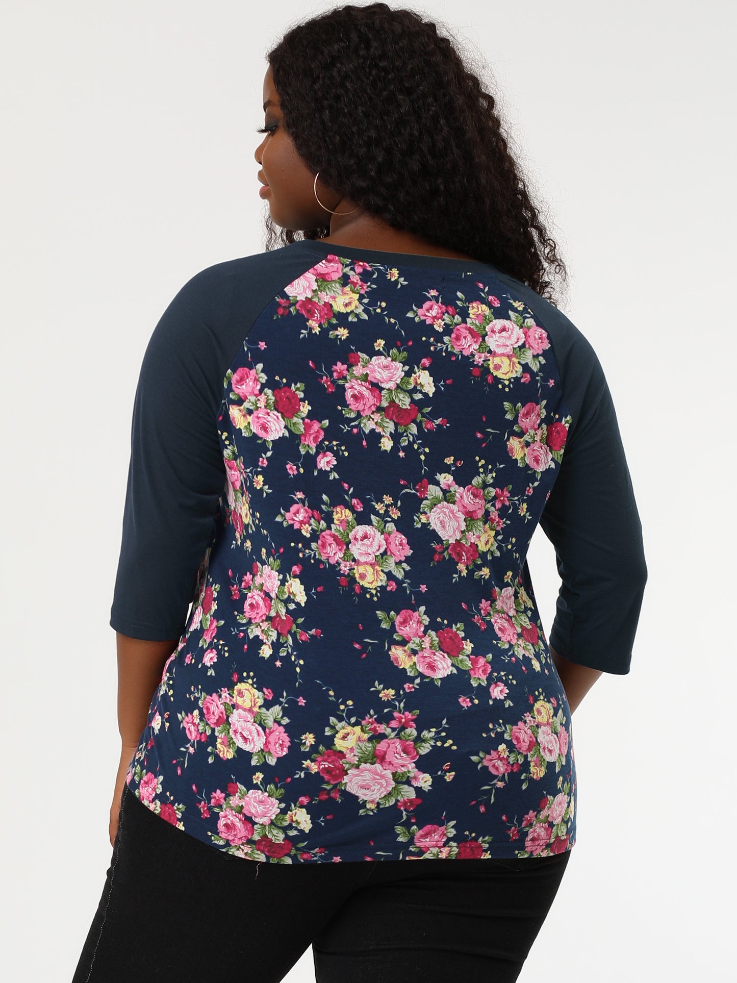 Women's Plus Size Raglan Crewneck 3/4 Sleeve Tunic Tee Shirt Floral Print T-Shirt Casual Top