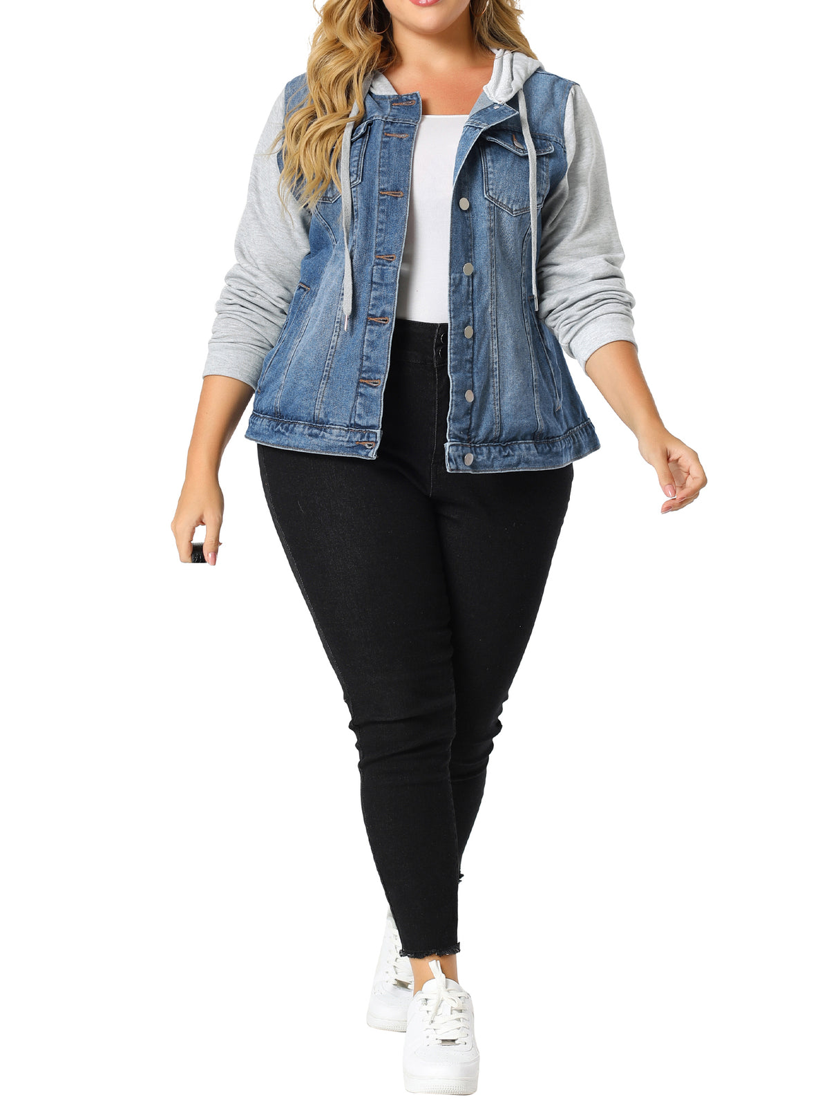 [PACK SALES] Women's Plus Size 2 Pieces Layered Drawstring Hood Denim Jacket with Pockets