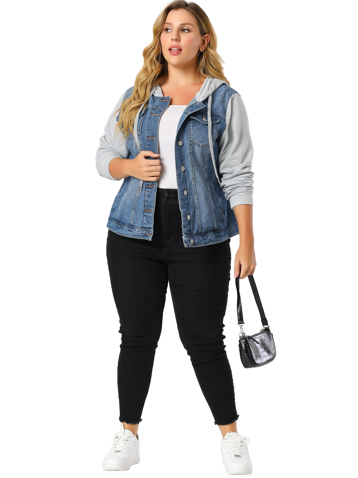 [PACK SALES] Women's Plus Size 2 Pieces Layered Drawstring Hood Denim Jacket with Pockets