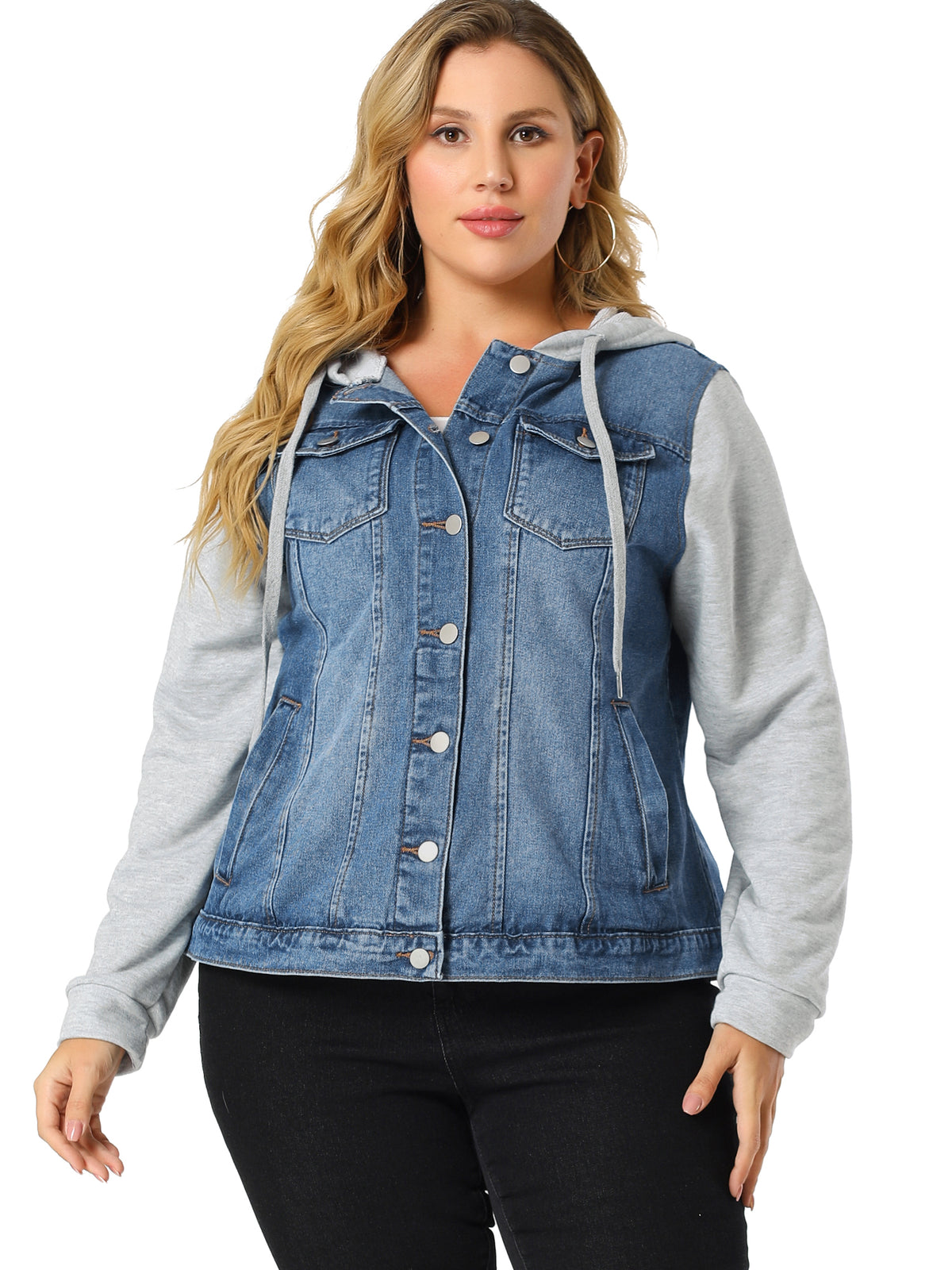 [PACK SALES] Women's Plus Size 2 Pieces Layered Drawstring Hood Denim Jacket with Pockets