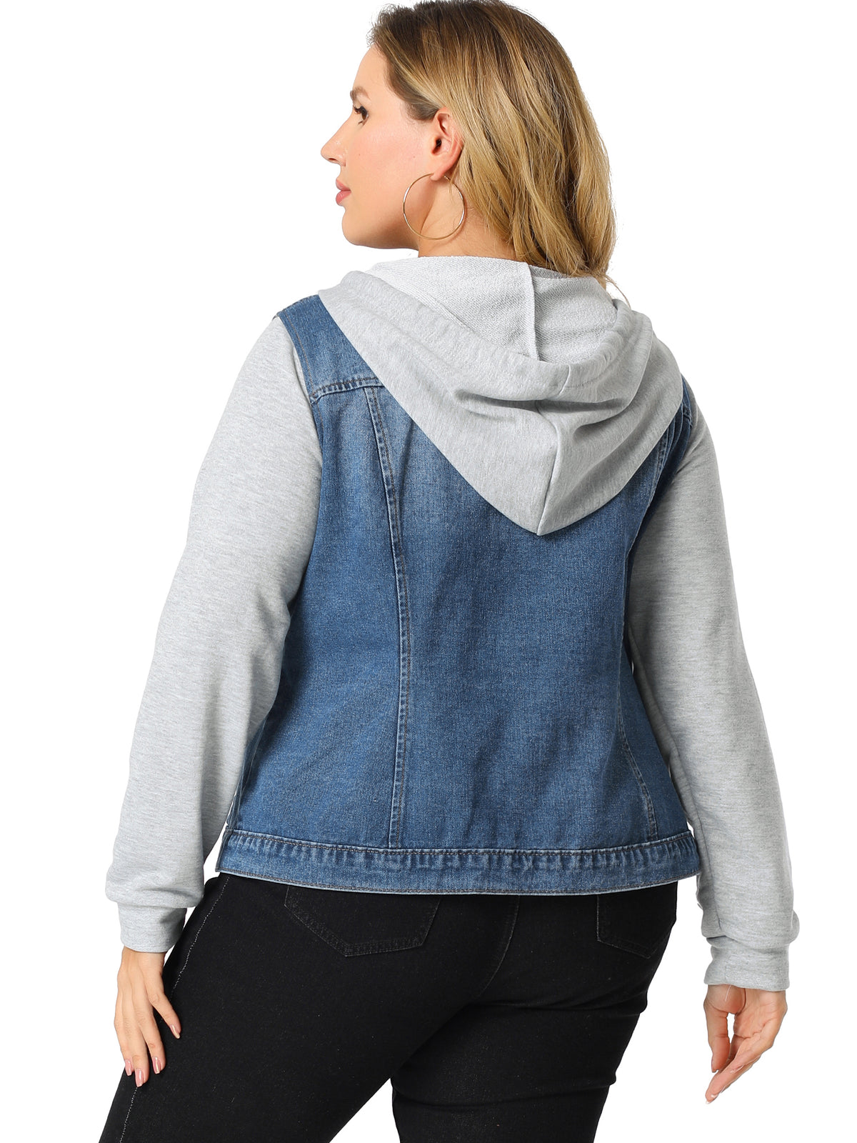 [PACK SALES] Women's Plus Size 2 Pieces Layered Drawstring Hood Denim Jacket with Pockets