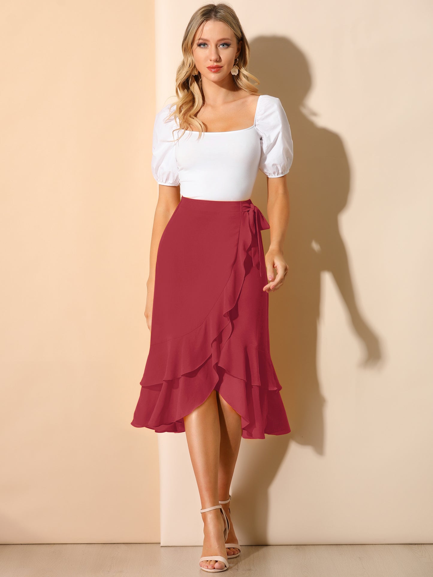 Falda midi asimétrica de verano con cintura anudada y volantes de gasa para mujer