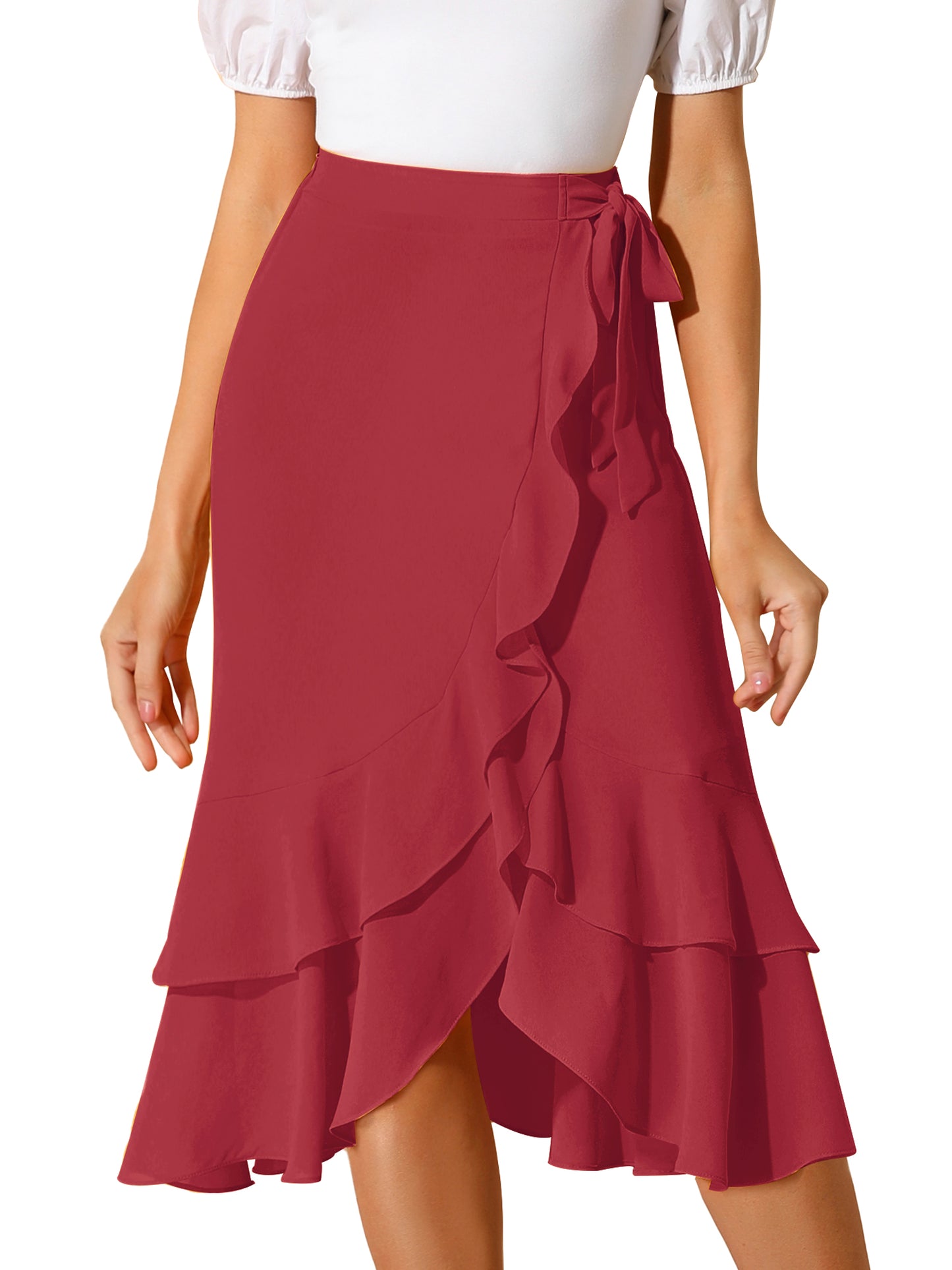 Falda midi asimétrica de verano con cintura anudada y volantes de gasa para mujer