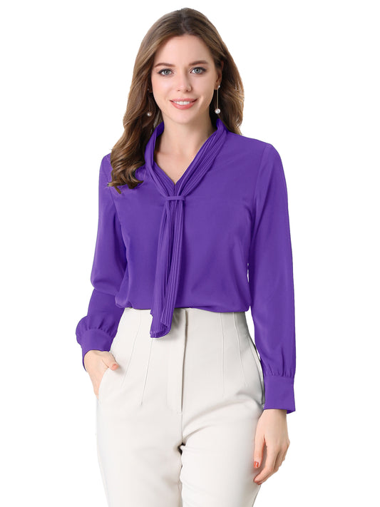 Women's Dressy Long Sleeve Chiffon Pleated Tie Neck Office Shirt (Available in Plus Size)