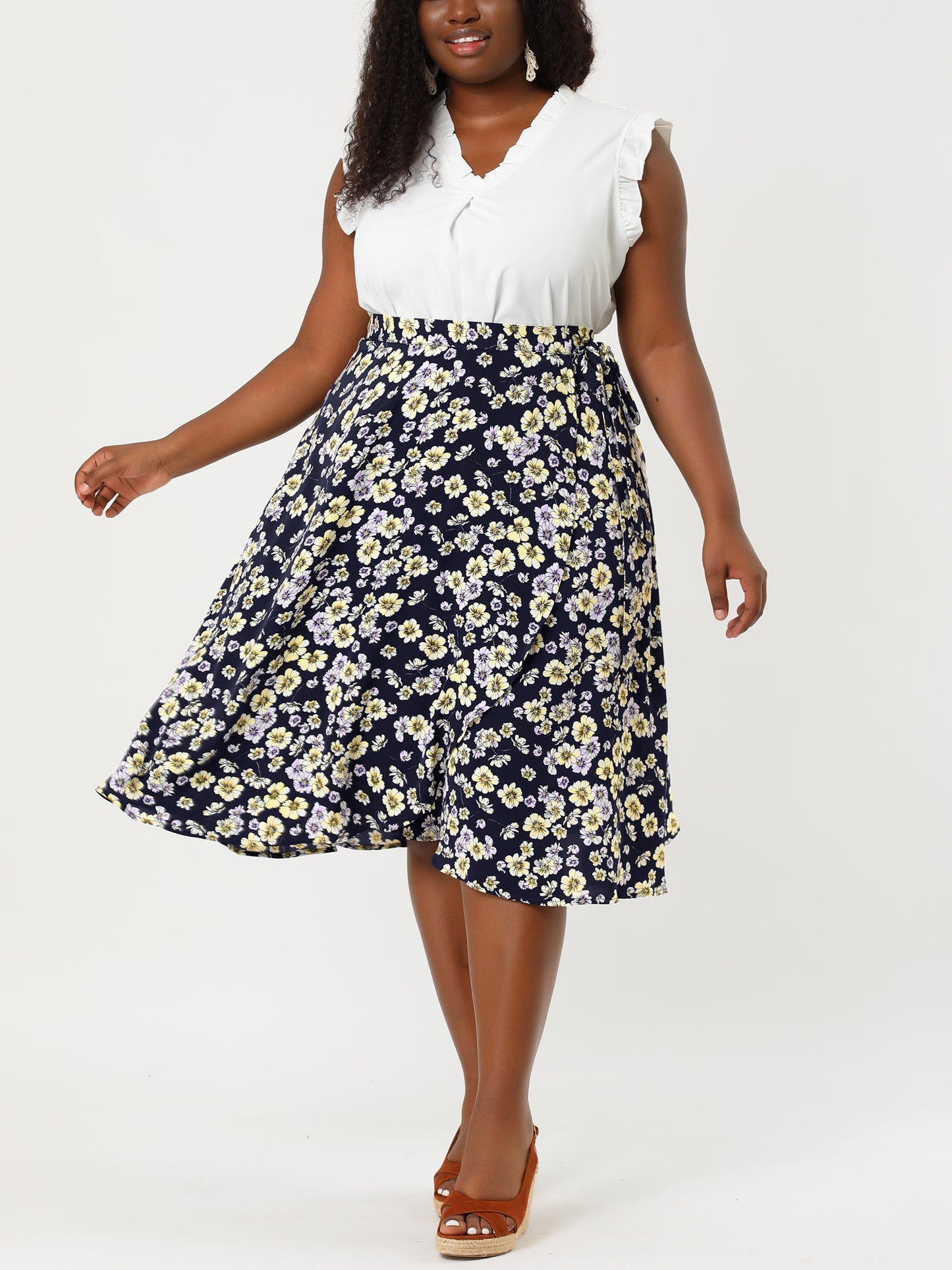 Women's Plus Size Boho Floral Wrap A Line Midi Chic Ruffled Hem High Waisted Skirt
