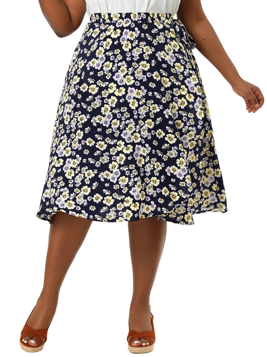 Women's Plus Size Boho Floral Wrap A Line Midi Chic Ruffled Hem High Waisted Skirt