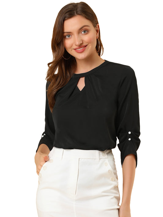 Women's Dressy Work Office Keyhole Pleated Front Ruched 3/4 Sleeve Chiffon Shirt (Available in Plus Size)