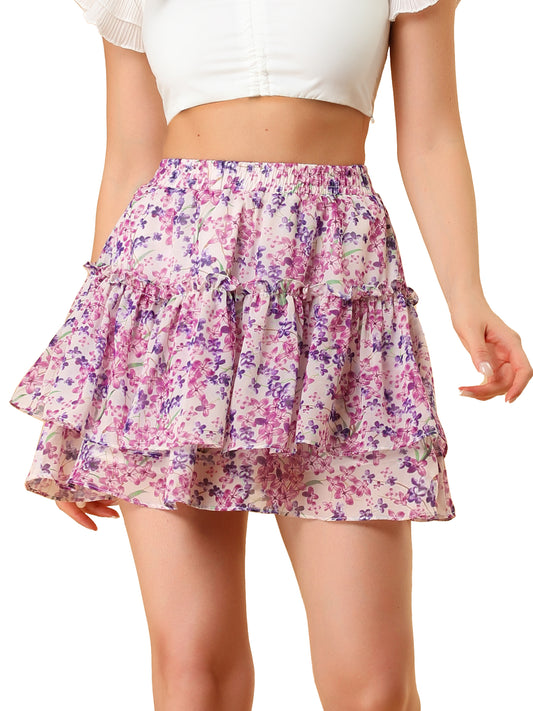Falda corta con estampado floral para mujer, cintura alta elástica, con volantes y corte A