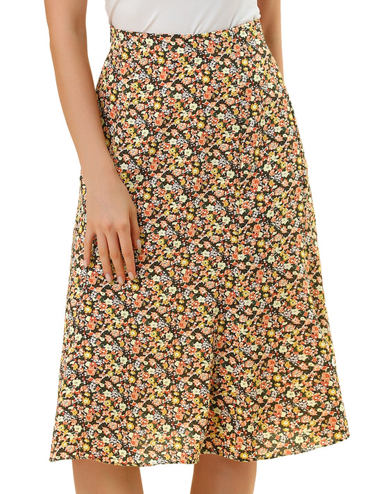 Falda midi floral para mujer, cintura elástica, corte A, estampado de florecitas