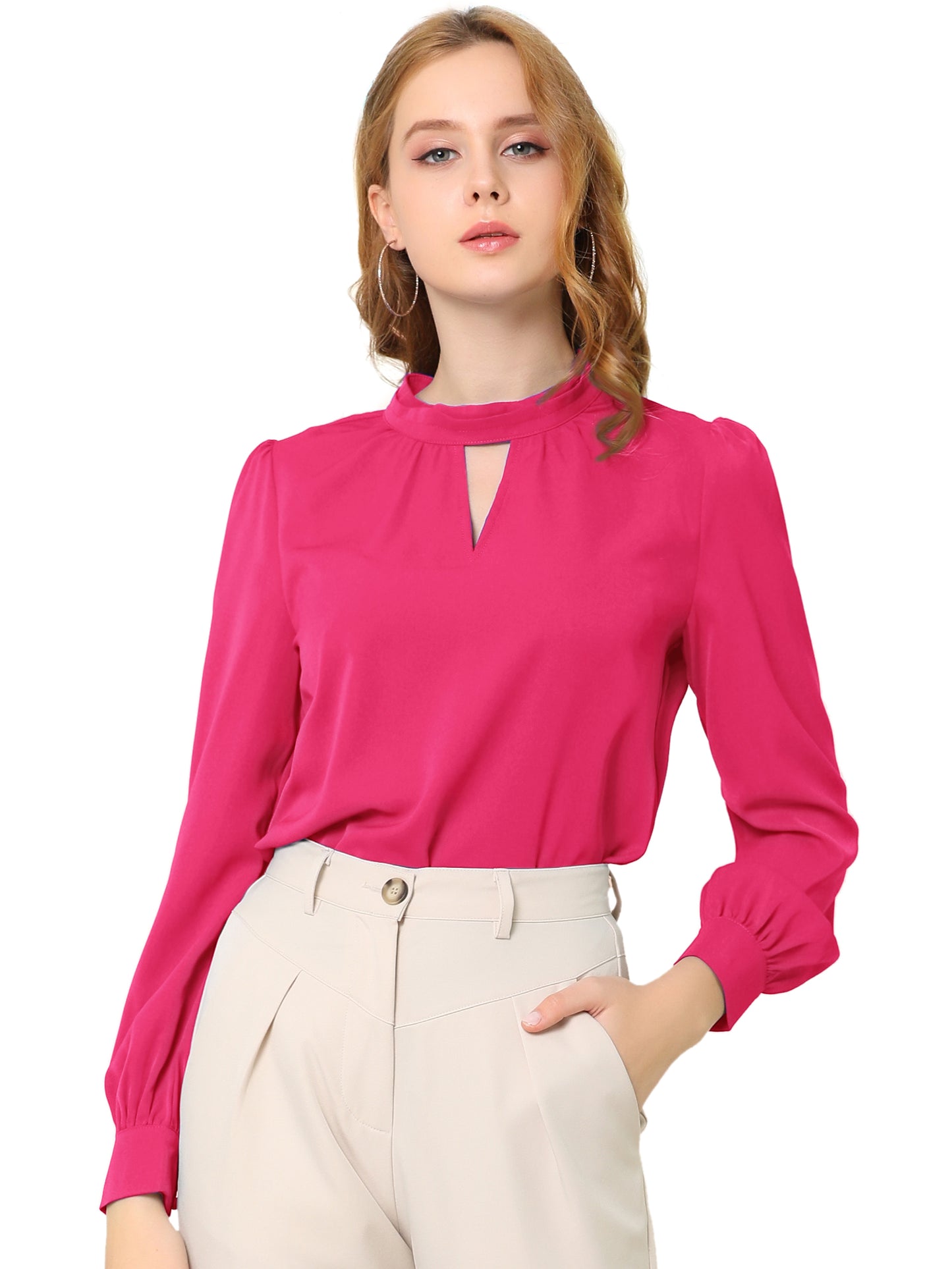 Women's Work Tops Business Casual Shirt Elegant Stand Collar Keyhole Long Sleeve Blouse (Available in Plus Size)