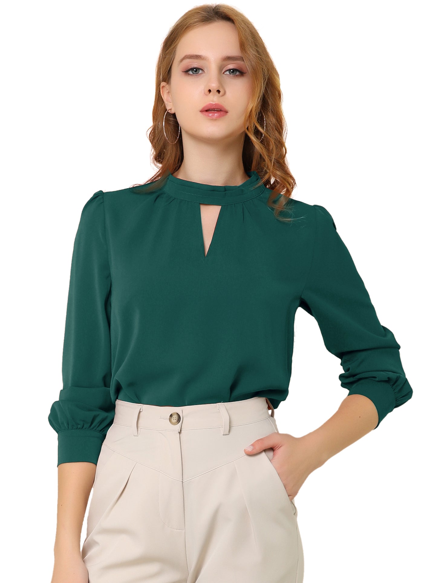 Women's Work Tops Business Casual Shirt Elegant Stand Collar Keyhole Long Sleeve Blouse (Available in Plus Size)
