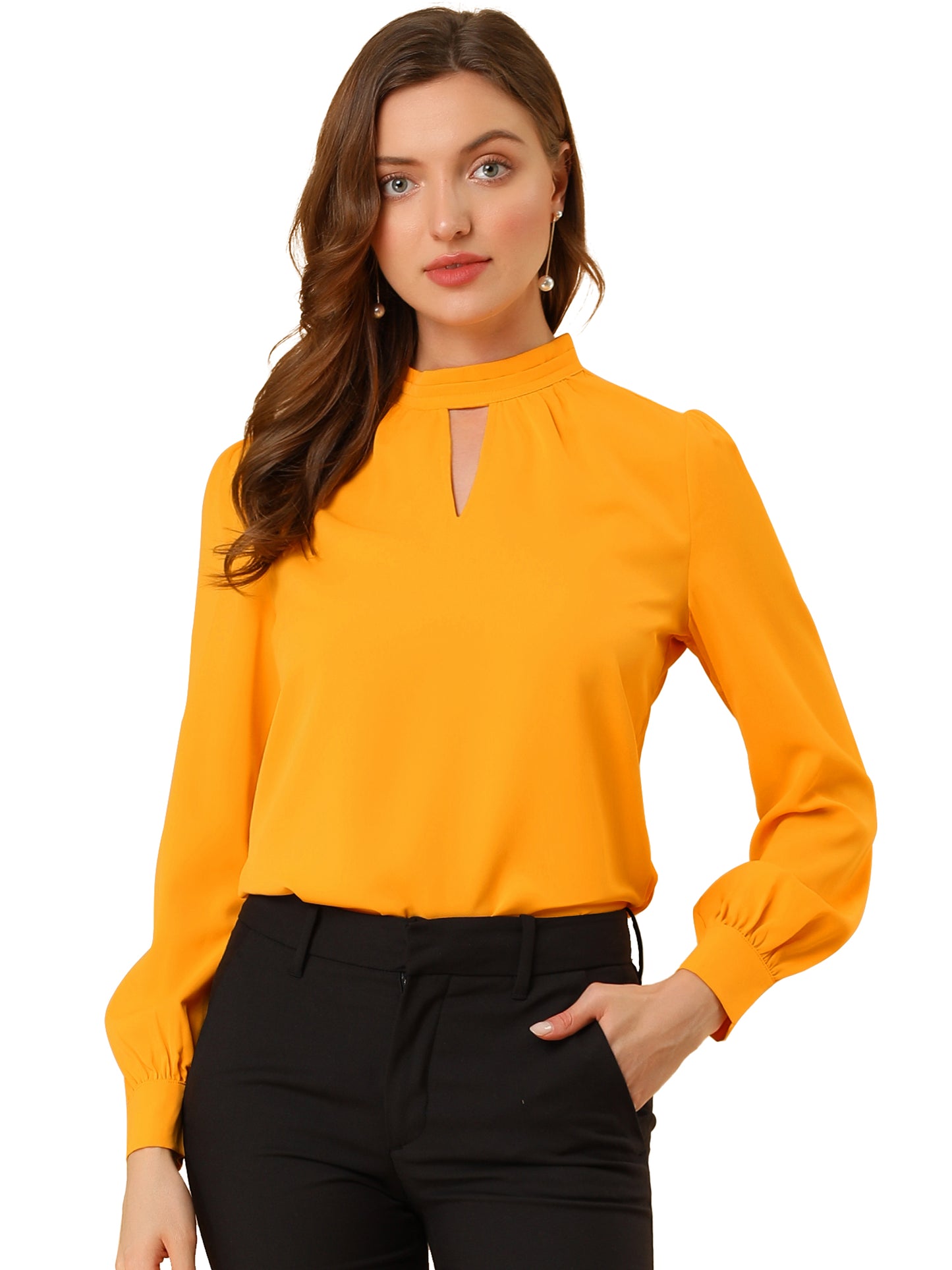 Women's Work Tops Business Casual Shirt Elegant Stand Collar Keyhole Long Sleeve Blouse (Available in Plus Size)