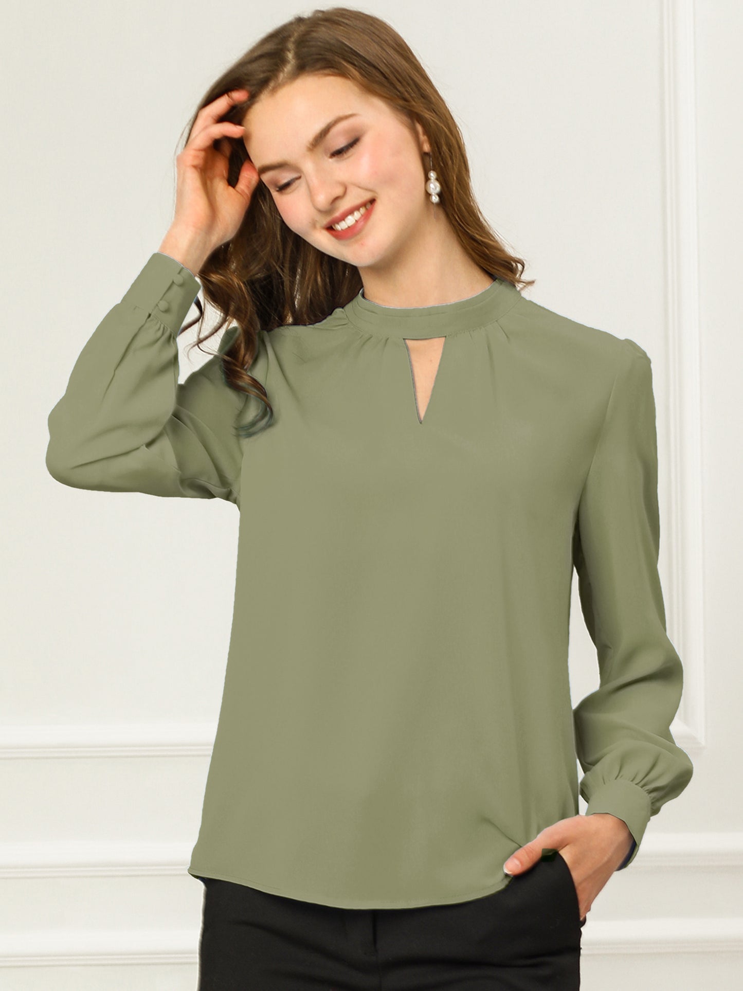 Women's Work Tops Business Casual Shirt Elegant Stand Collar Keyhole Long Sleeve Blouse (Available in Plus Size)
