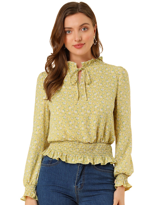 Women's Ruffle Neck Long Sleeve Cropped Smocked Floral Blouse