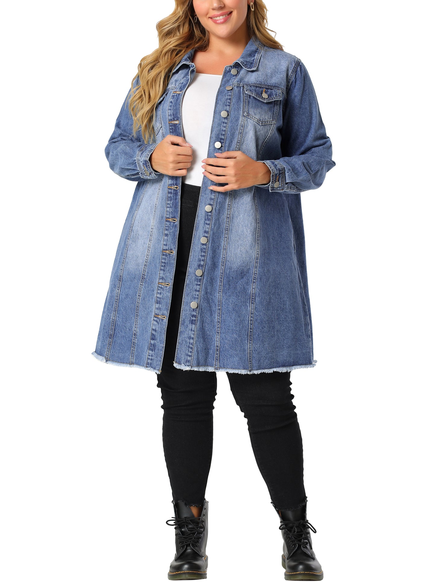 Chaqueta vaquera de talla grande para mujer, informal, larga, desgastada, con botones y bolsillos.