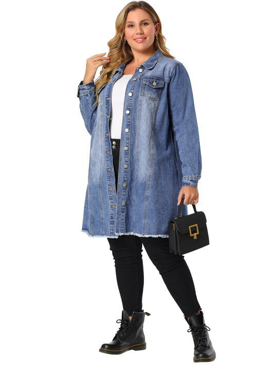 Chaqueta vaquera de talla grande para mujer, informal, larga, desgastada, con botones y bolsillos.