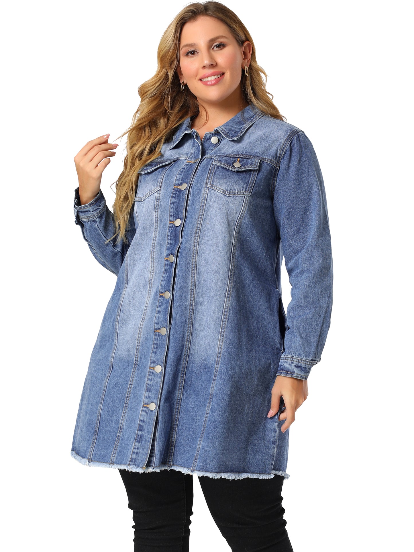Chaqueta vaquera de talla grande para mujer, informal, larga, desgastada, con botones y bolsillos.