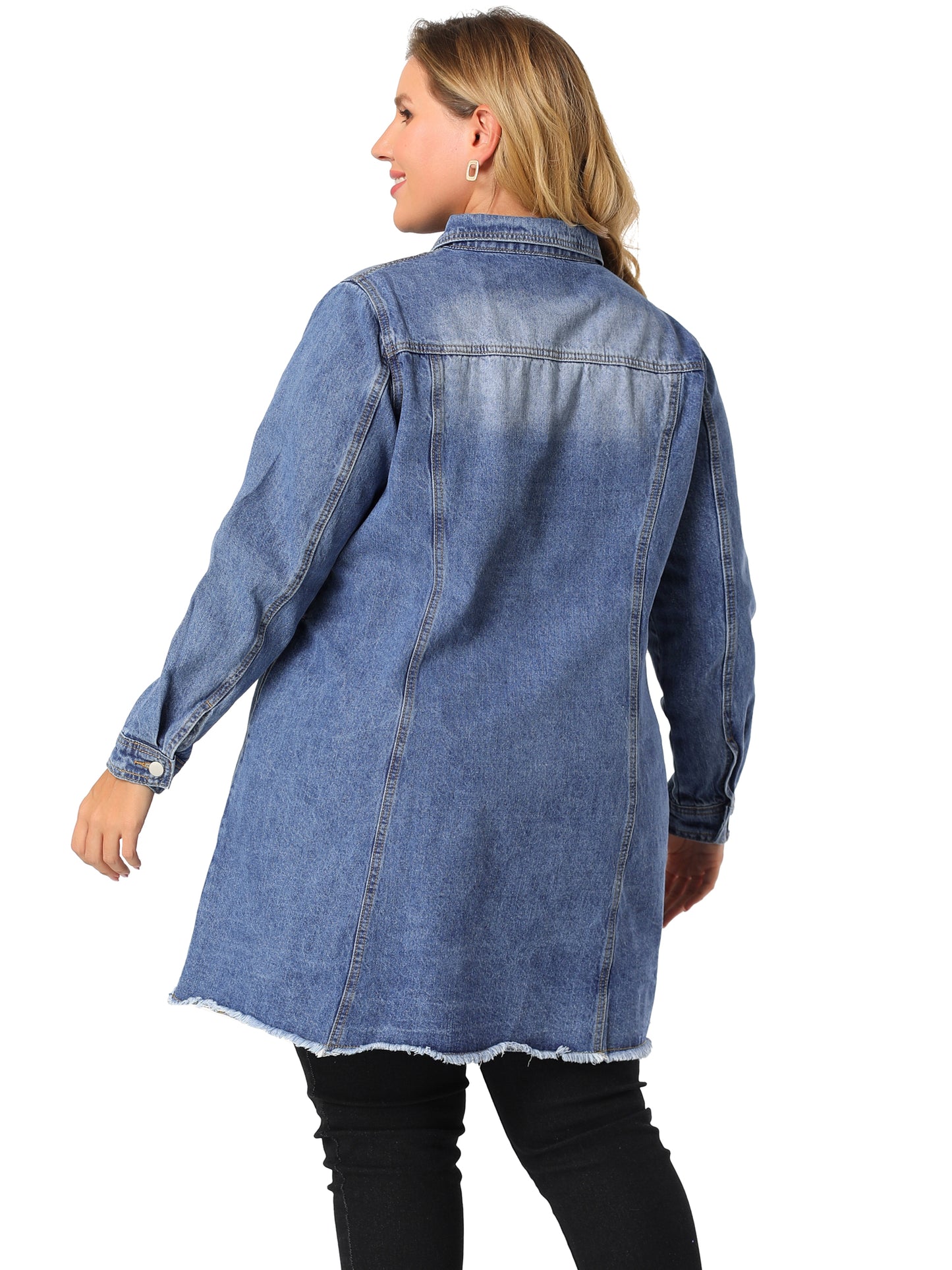 Chaqueta vaquera de talla grande para mujer, informal, larga, desgastada, con botones y bolsillos.
