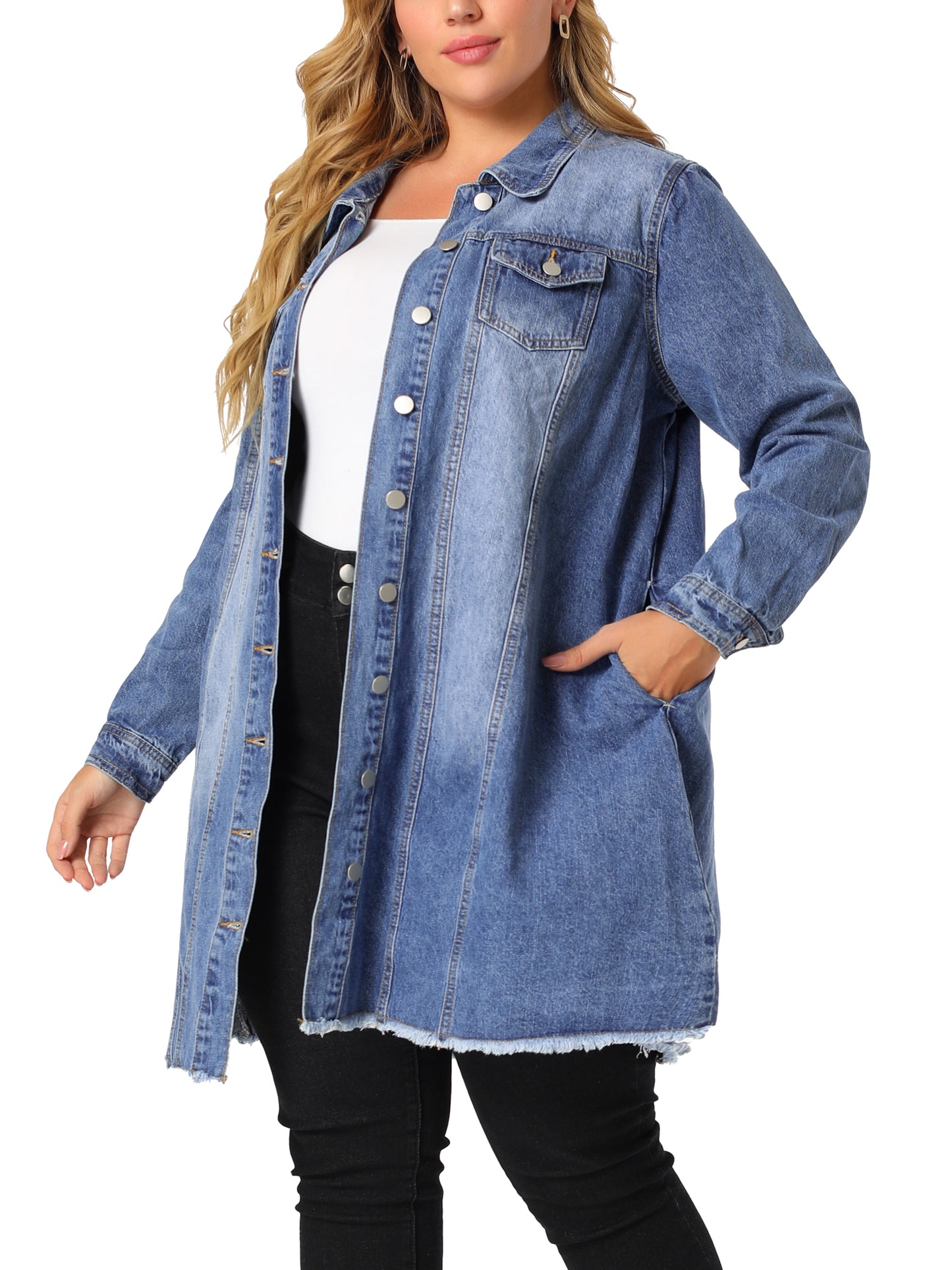 Chaqueta vaquera de talla grande para mujer, informal, larga, desgastada, con botones y bolsillos.
