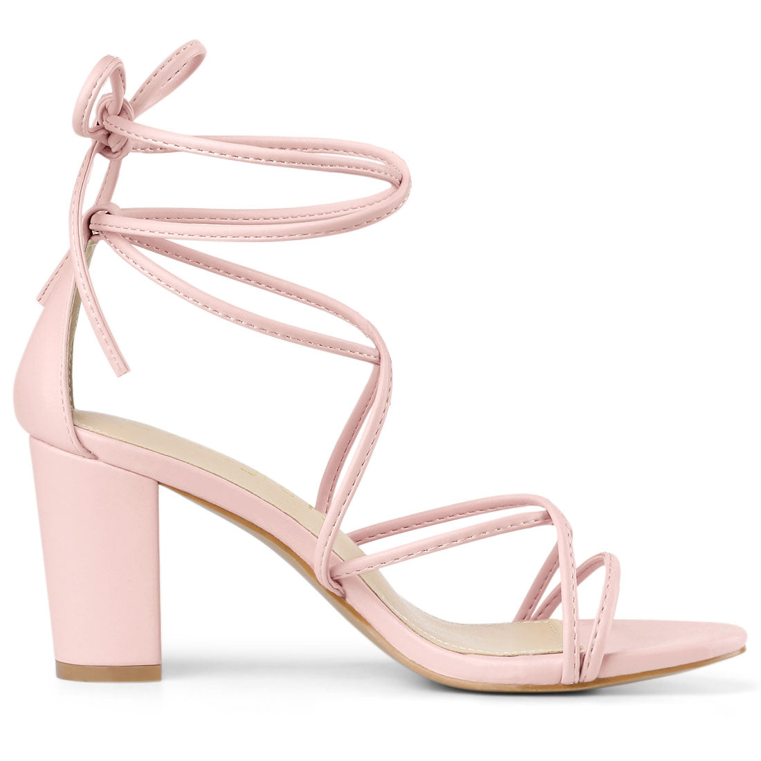 Allegra K Strappy Straps Lace Up Chunky Gold Heel Sandals Pink