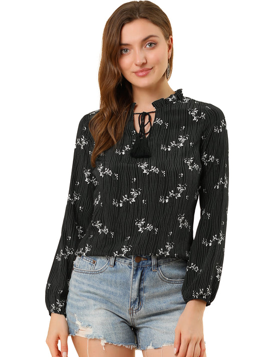 Women's Boho Tassel Self Tie Neck Long Sleeve Floral Peasant Blouse