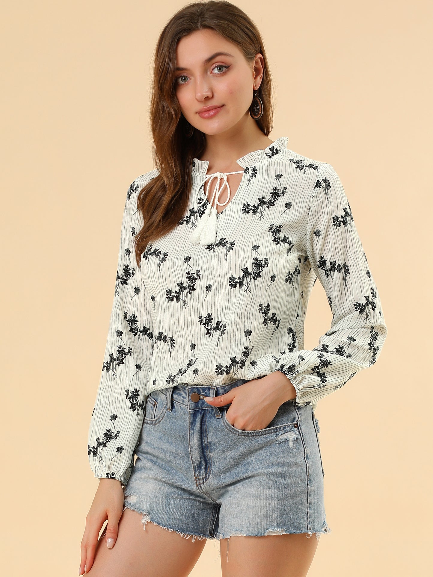 Women's Boho Tassel Self Tie Neck Long Sleeve Floral Peasant Blouse