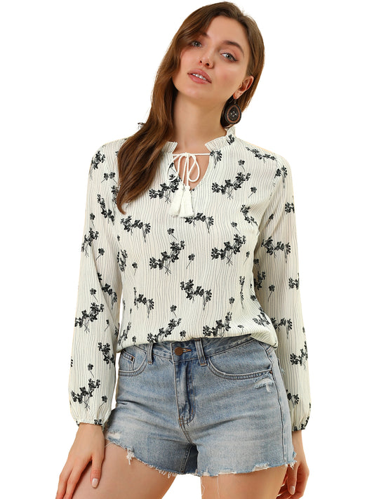Women's Boho Tassel Self Tie Neck Long Sleeve Floral Peasant Blouse