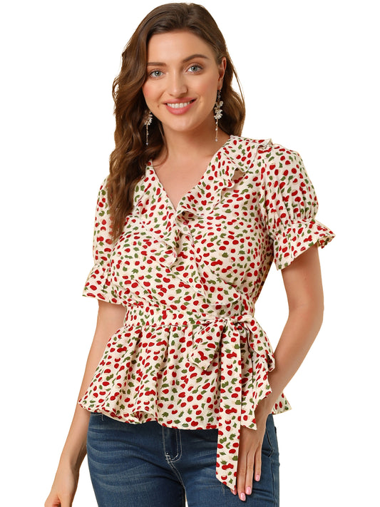 Women's Peplum Top Crossover V Neck Ruffle Wrap Blouse