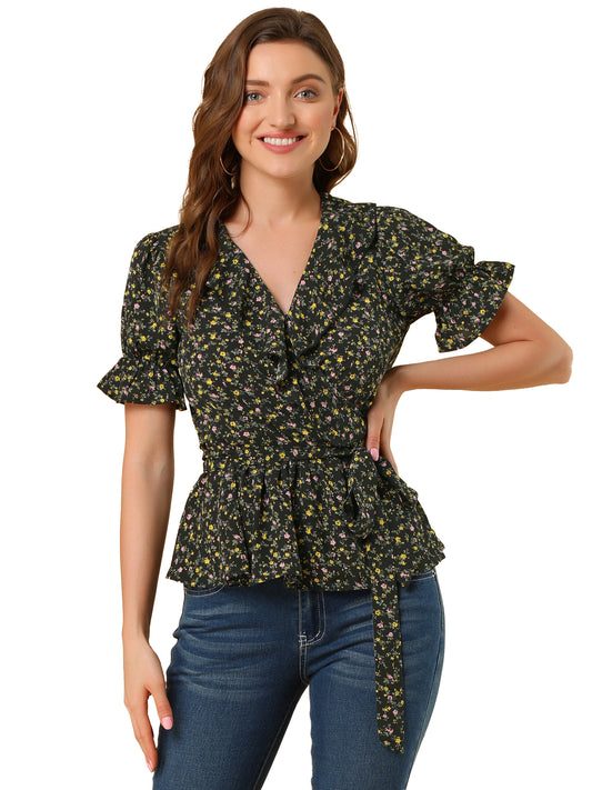 Women's Peplum Top Crossover V Neck Ruffle Wrap Blouse