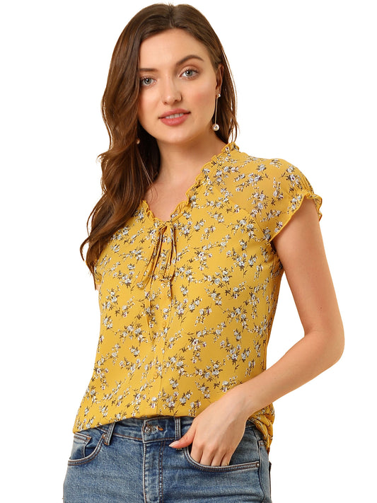 Women's Floral Summer V Neck Short Cap Sleeve Ruffle Chiffon Blouse