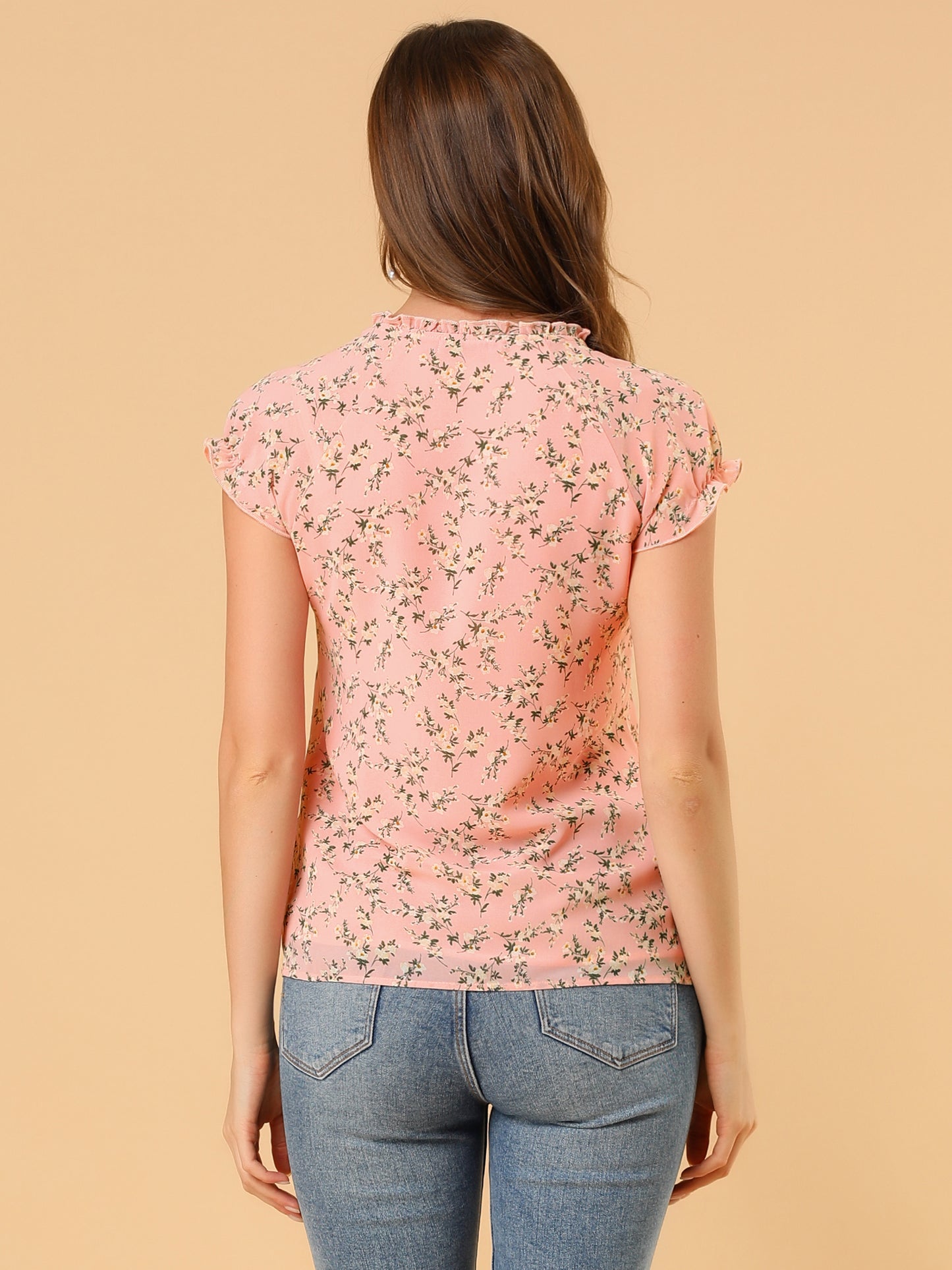Blusa de gasa con volantes, mangas cortas y cuello en V con estampado floral de verano para mujer