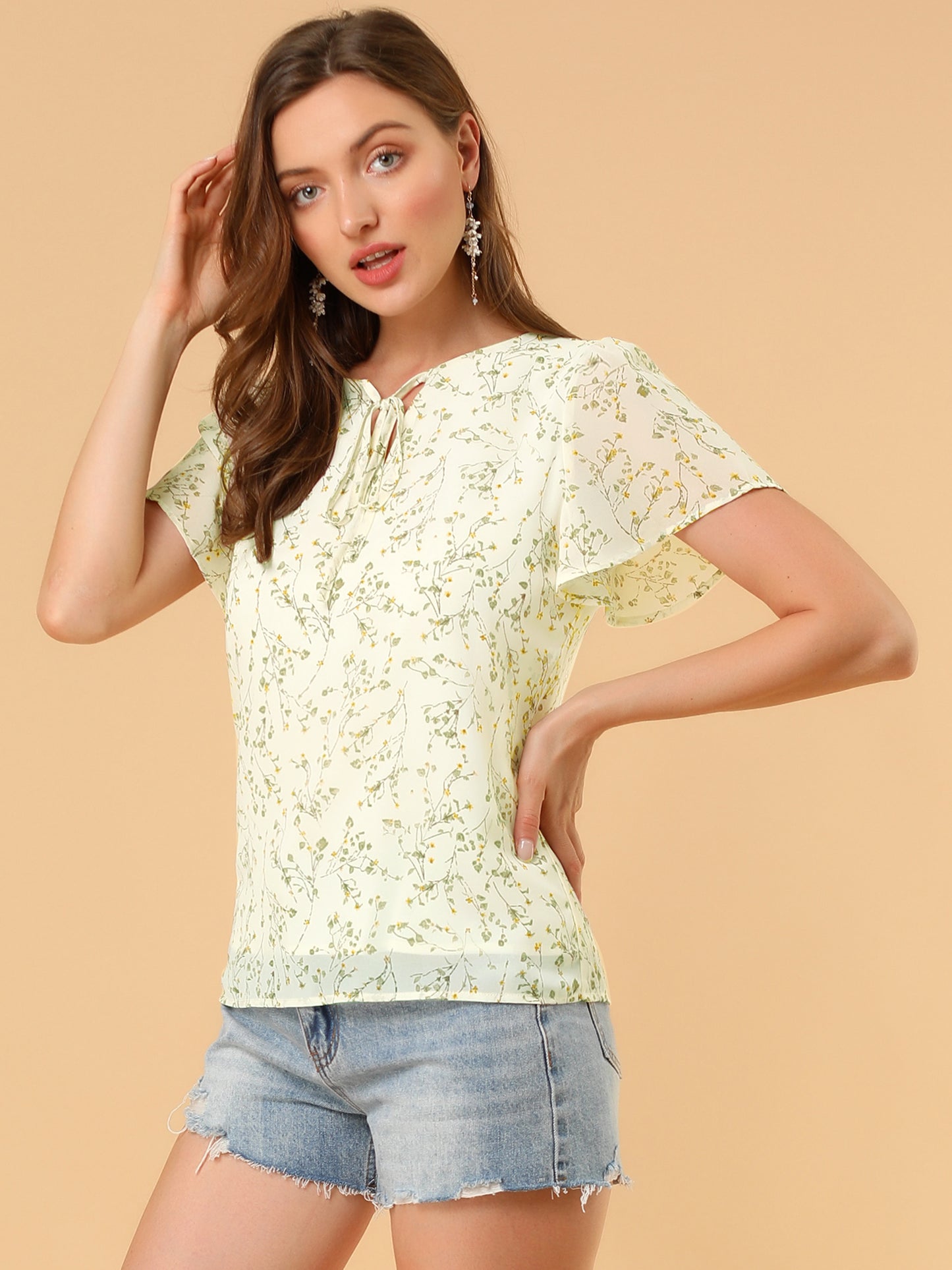 Women's Tie V Neck Flutter Sleeves Elegant Top Floral Blouse