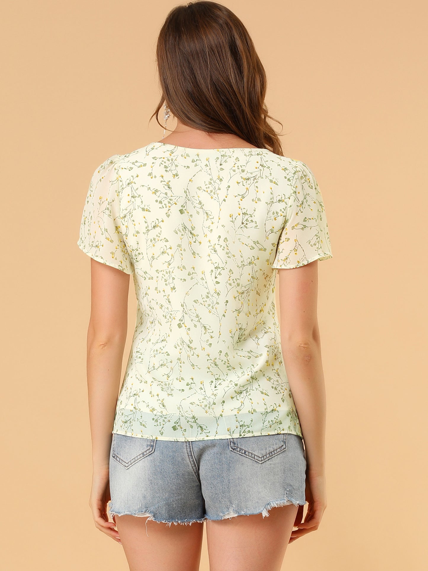 Women's Tie V Neck Flutter Sleeves Elegant Top Floral Blouse