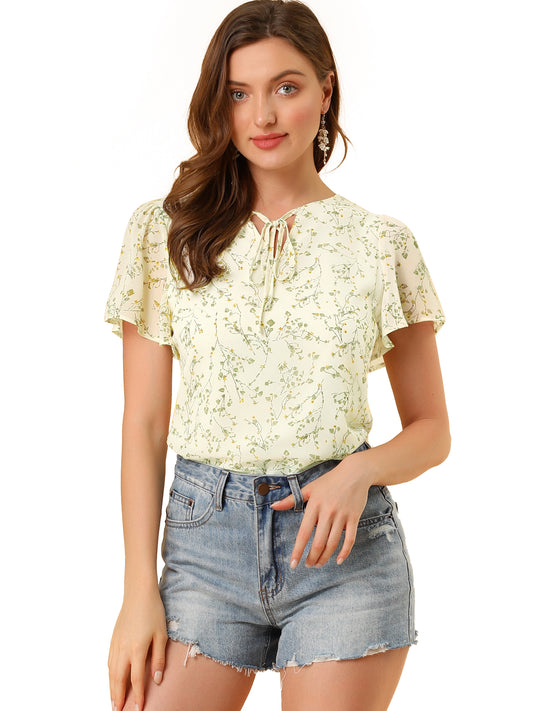 Women's Tie V Neck Flutter Sleeves Elegant Top Floral Blouse